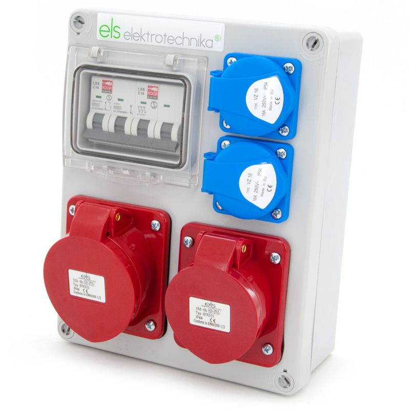Rozdzielnica skrzynka budowlana ELS Elektrotechnika 4NO21C11C1 2x230V 32/5 16/5 zabezpieczona C16, obudowa naścienna IP65, 1 szt.