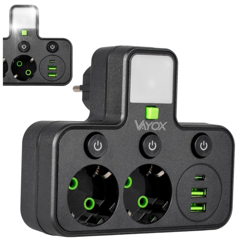 Rozgałęźnik elektryczny Vayox 2gn.10A z wyłącznikami 2x USB + USB-C 2.1A z lampka czarny VA0471B 1 szt.
