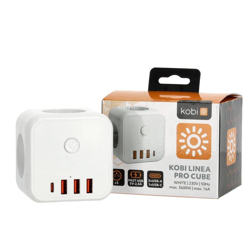 Rozgałęźnik Linea Pro Kobi 3gn+3usb/1usb-c/Zu+W biały 1szt.