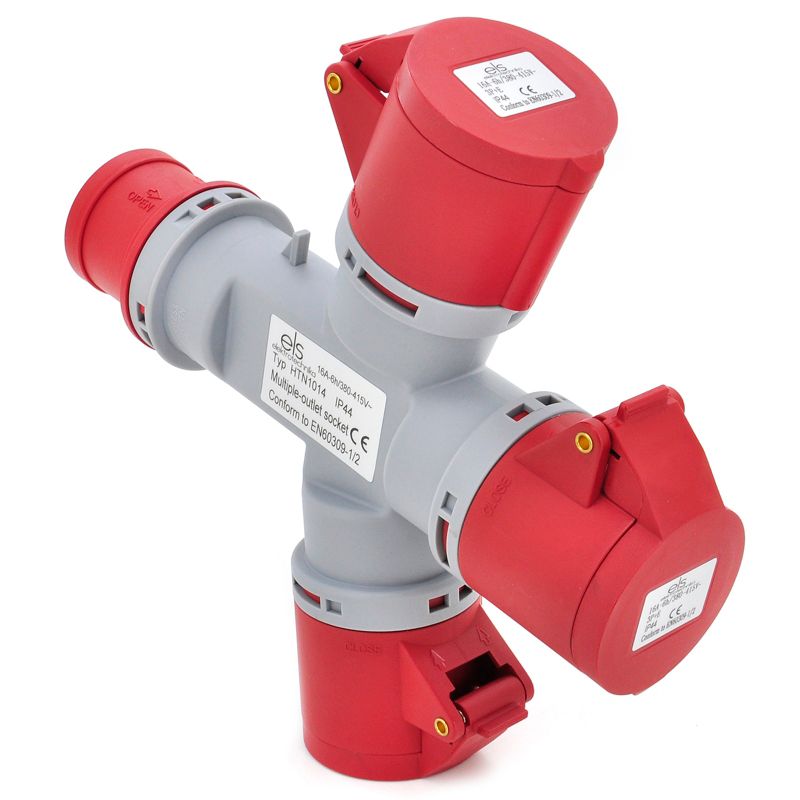 Rozgałęziacz potrójny, rozgałęźnik siłowy ELS Elektrotechnika HTN1014 1xWE 3xWY 16/4 IP44, adapter przemysłowy, 1 szt.