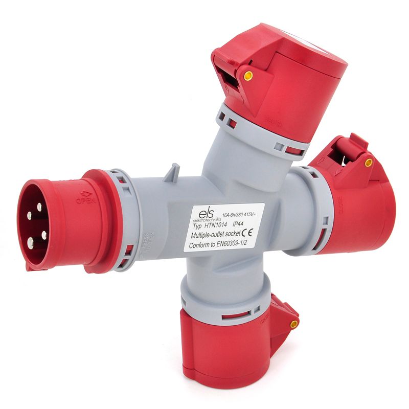 Rozgałęziacz potrójny, rozgałęźnik siłowy ELS Elektrotechnika HTN1014 1xWE 3xWY 16/4 IP44, adapter przemysłowy, 1 szt.