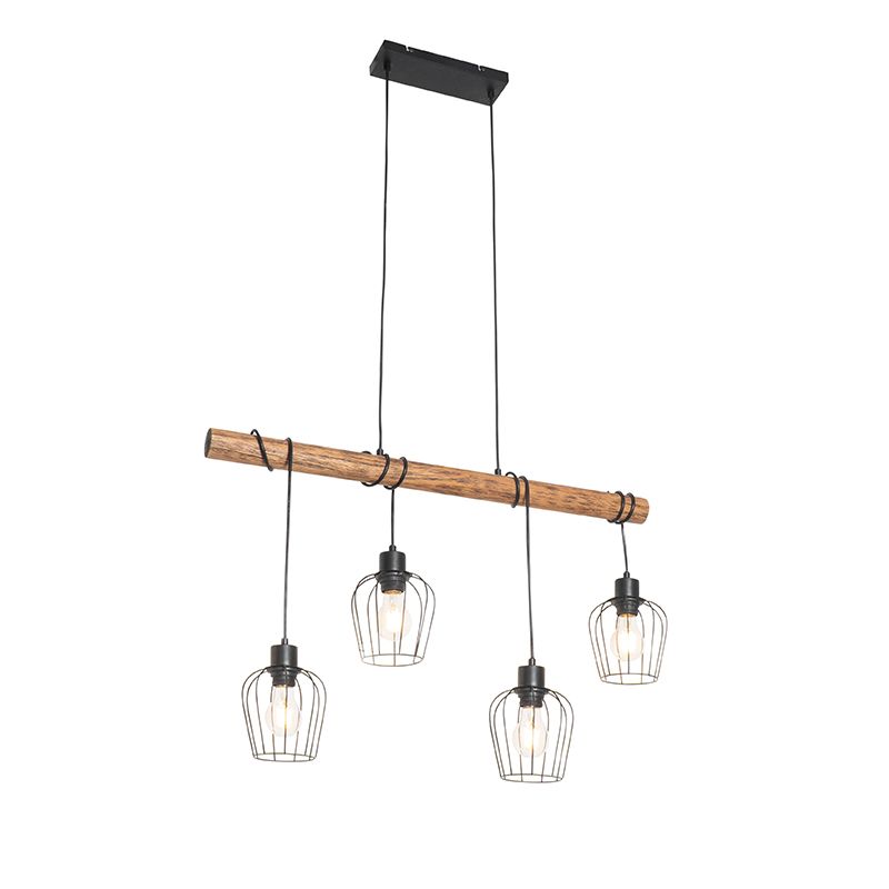 Rustykalny lampa wisząca z kloszem (4 punkty) do stołu jadalnego inteligentny Qazqa Stronk czarny drewno żarówkami LED 7W 1 szt.