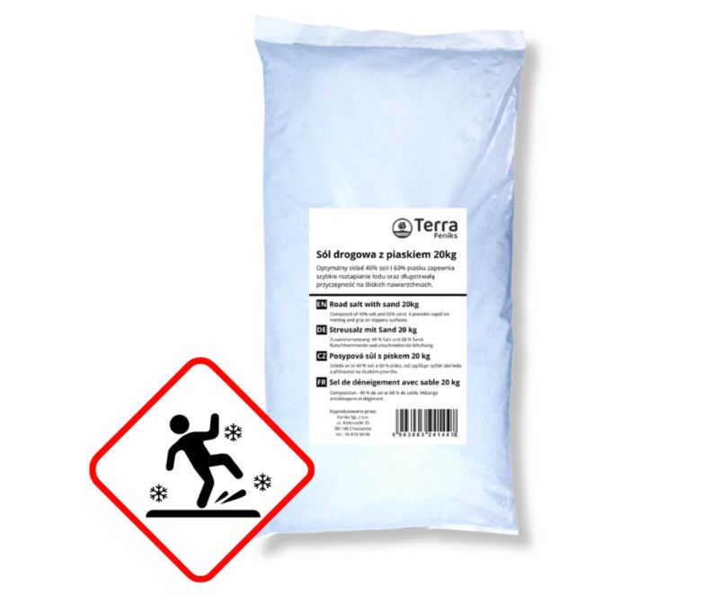 Sól drogowa Feniks z piaskiem 20 kg antypoślizgowa do posypywania dróg i chodników 1 szt.