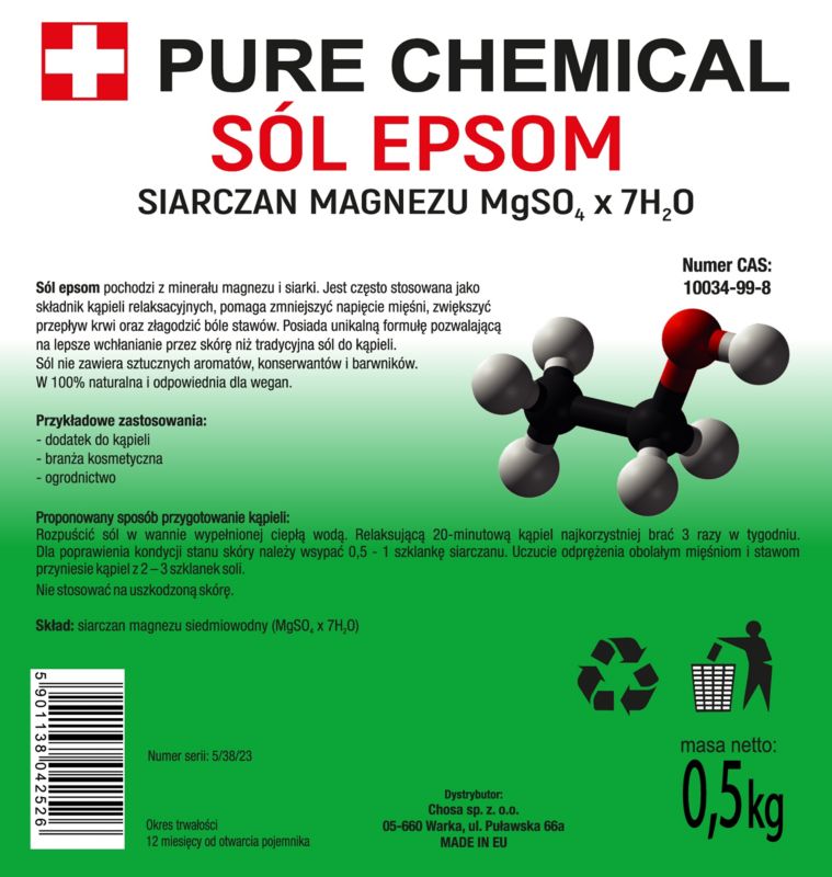 Sól epsom do kąpieli Pure Chemical siarczan magnezu gorzka 0,5 kg .1 szt.