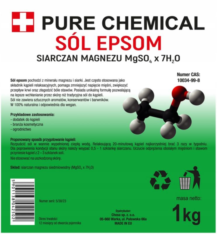 Sól epsom do kąpieli Pure Chemical siarczan magnezu gorzka 25 kg. 1 szt.
