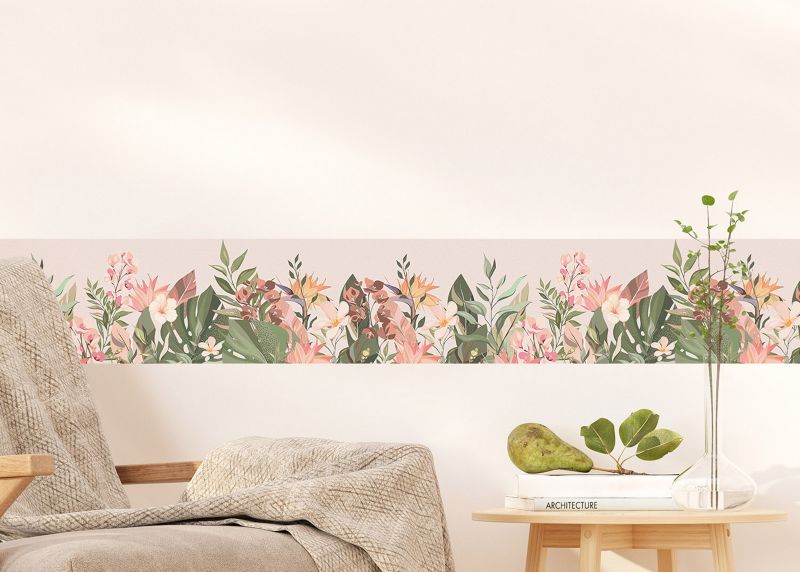 samoprzylepna bordiura tapetowa Sanders & Sanders tropikalne liście i kwiaty zielony, beżowy i różowy 10 x 500 cm - 1 szt.