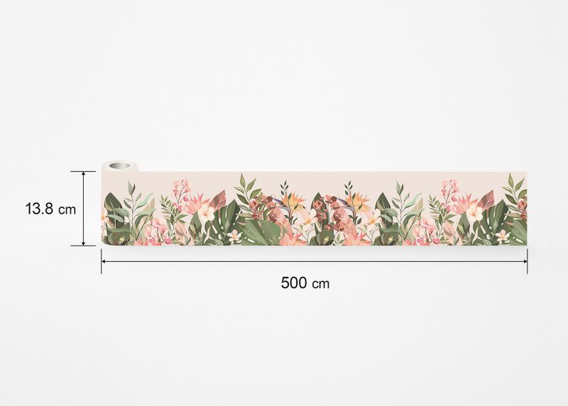 samoprzylepna bordiura tapetowa Sanders & Sanders tropikalne liście i kwiaty zielony, beżowy i różowy 10 x 500 cm - 1 szt.