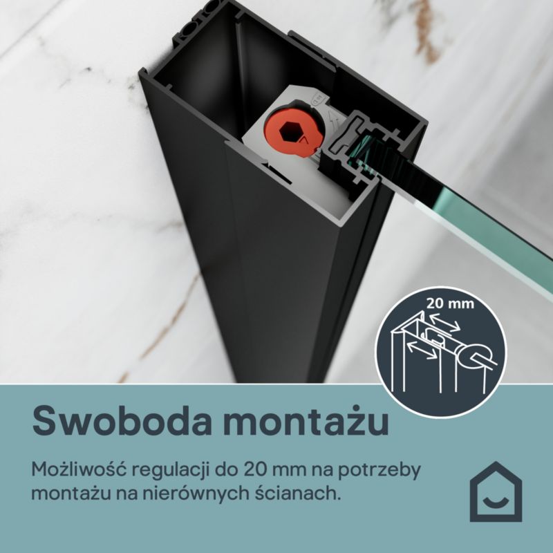 Ścianka prysznicowa walk-in GoodHome Evanna 90 cm z półką i drążkiem czarna/transparentna