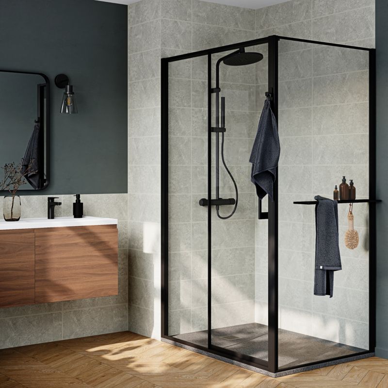Ścianka prysznicowa walk-in GoodHome Evanna 90 cm z półką i drążkiem czarna/transparentna