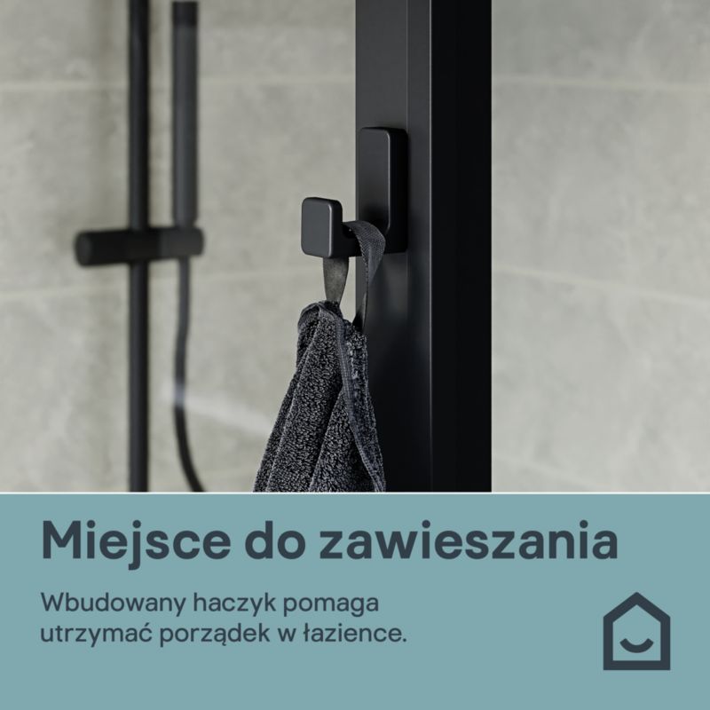 Ścianka prysznicowa walk-in GoodHome Evanna 90 cm z półką i drążkiem czarna/transparentna