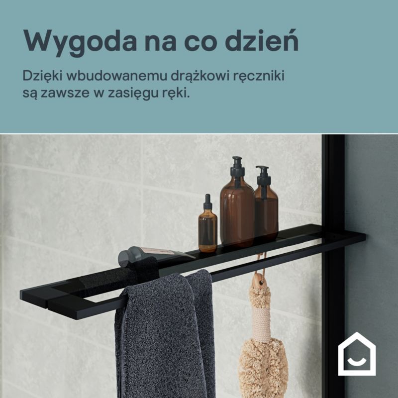 Ścianka prysznicowa walk-in GoodHome Evanna 90 cm z półką i drążkiem czarna/transparentna