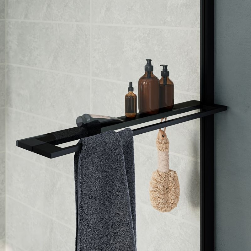 Ścianka prysznicowa walk-in GoodHome Evanna 90 cm z półką i drążkiem czarna/transparentna