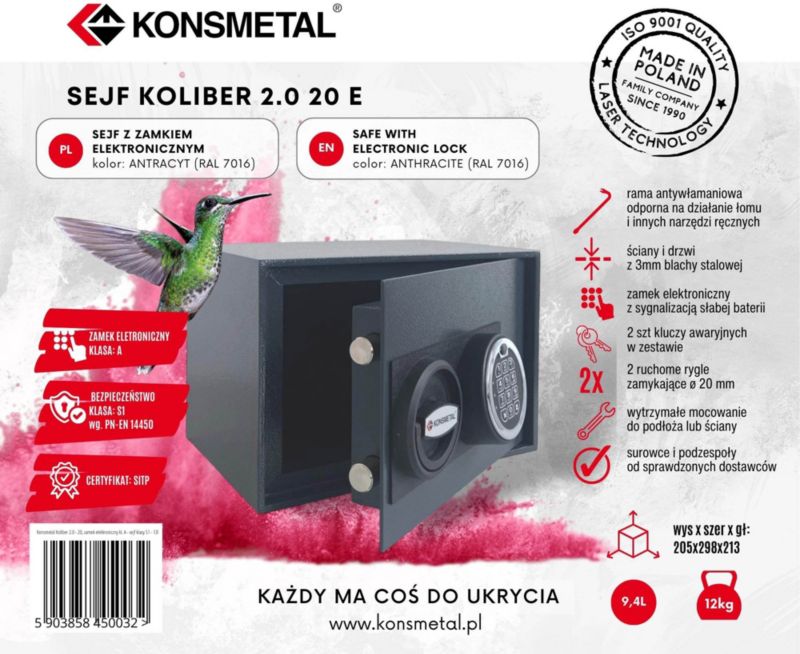 Sejf elektroniczny certyfikowany klasa S1 Konsmetal Koliber 2.0 205 x 298 x 213 mm