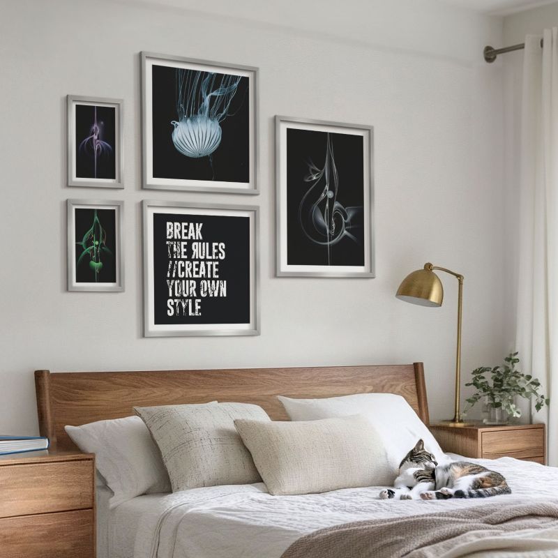 Set Obrazów w Ramie Wallfluent Szary kot róże abstrakcja Srebrna rama 5 szt.