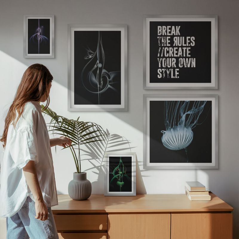 Set Obrazów w Ramie Wallfluent Szary kot róże abstrakcja Srebrna rama 5 szt.