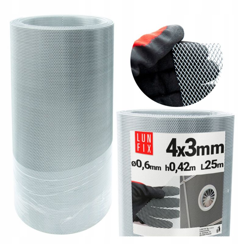 Siatka na owady Lun Fix do dennic 4x3 fi0,6mm h0,42m 25mb ocynkowana 1szt.