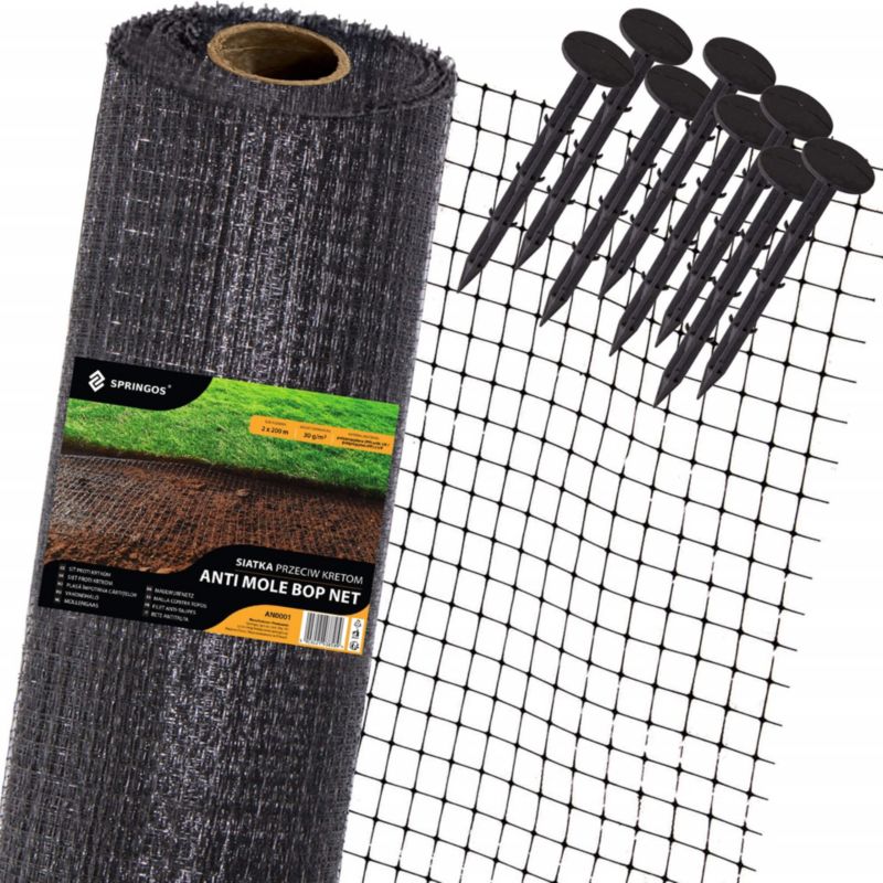 Siatka przeciw nornicom Springos 2x100 m + kołki 50 szt. przeciw kretom 30g/m2 1 kpl.