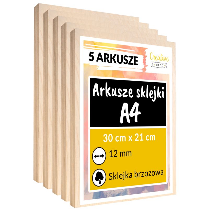 Sklejka Creative Deco 12 mm 5 x A4 300 x 210 +/-0,5 mm surowa płyta z drewna brzozowego do cięcia laserowego grawerowania 5 szt.