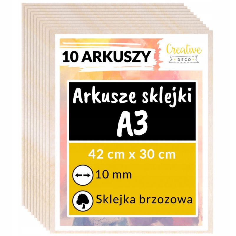Sklejka Creative Deco A3 420 x 300 x 10 mm (+/-0,5 mm) Surowa Brzoza Płyta do Cięcia Laserowego Wypalanie, Grawerowanie 10 szt.