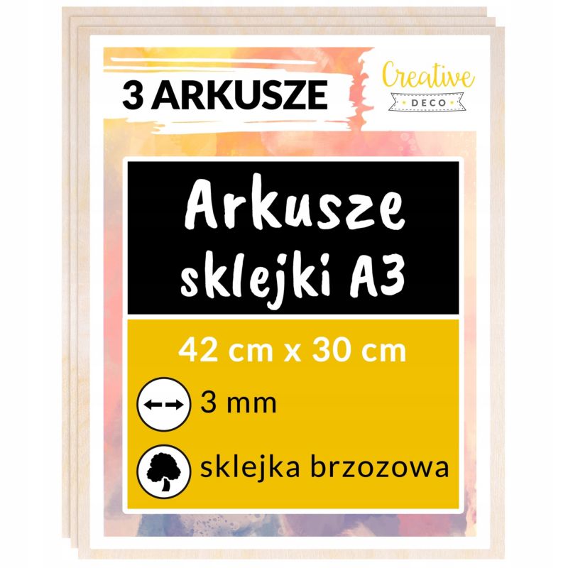 Sklejka Creative Deco A3 420 x 300 x 3 mm (+/-0,5 mm) Surowa Brzoza Płyta do Cięcia Laserowego Wypalanie, Grawerowanie 3 szt.