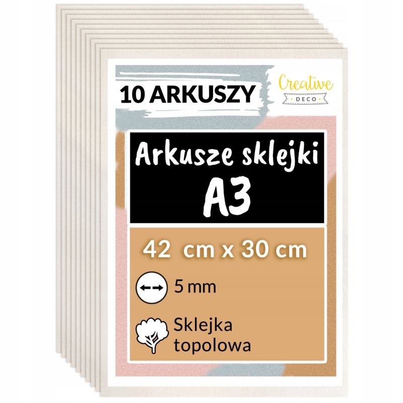 Sklejka Creative Deco A3 420 x 300 x 5 mm (+/-0,5 mm) Surowa Topola Płyta do Cięcia Laserowego Wypalanie, Grawerowanie 10 szt.