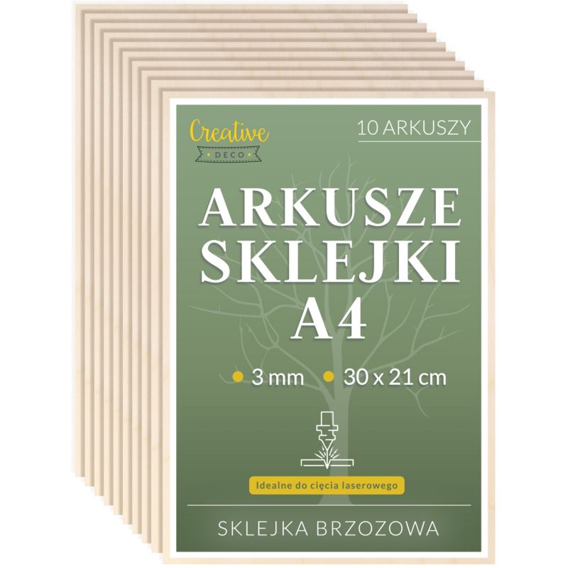Sklejka Creative Deco A4 300 x 210 x 3 mm (+/-0,5 mm) Surowa Brzoza do Cięcia Laserowego Grawerowanie, Cricut 10 szt.
