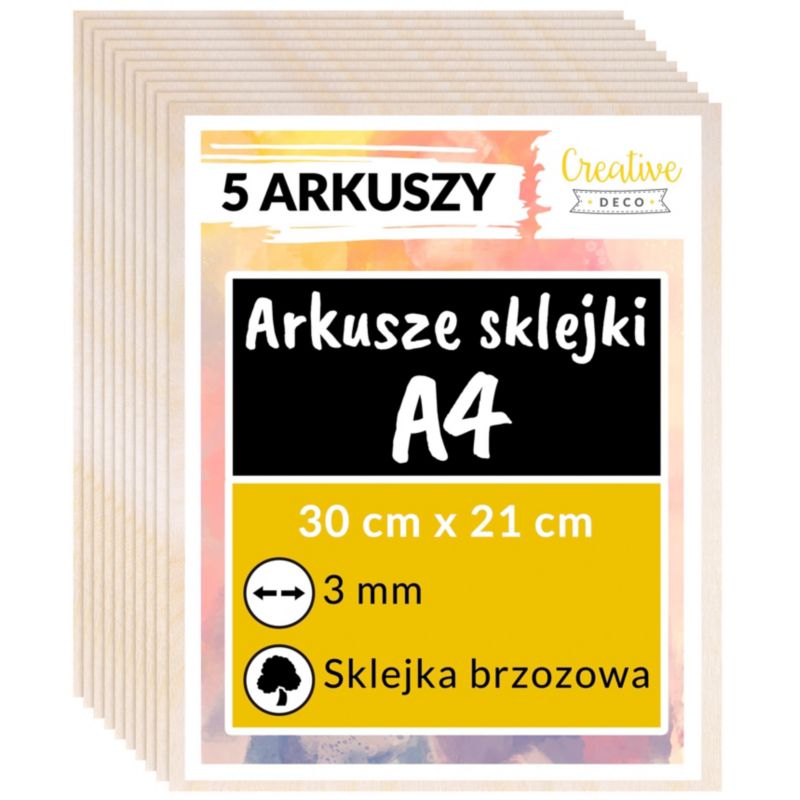 Sklejka Creative Deco A4 300 x 210 x 3 mm (+/-0,5 mm) Surowa Brzoza Płyta do Cięcia Laserowego Grawerowanie, Modelarstwo 5 szt.