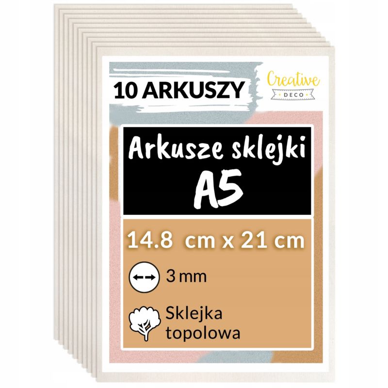 Sklejka Creative Deco A5 148 x 210 x 3 mm (+/-0,5 mm) Surowa Topola Płyta do Cięcia Laserowego Wypalanie, Grawerowanie 10 szt.