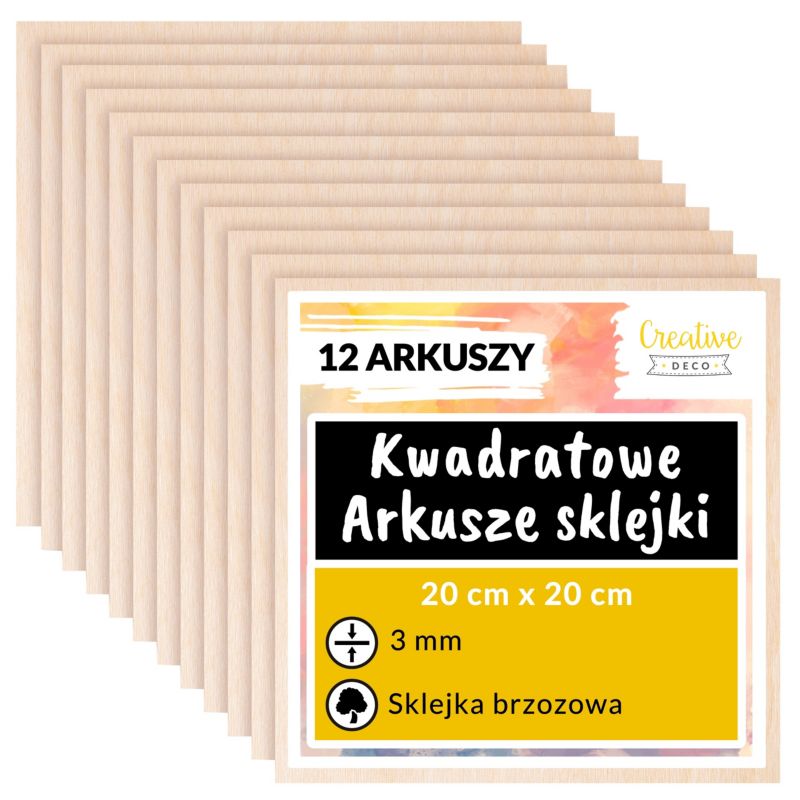 Sklejka Creative Deco Kwadratowe Płyty Sklejki 200 x 200 x 3 mm (+/-0,5 mm) Surowa Brzoza do Cięcia Laserem Grawerowania 12 szt.