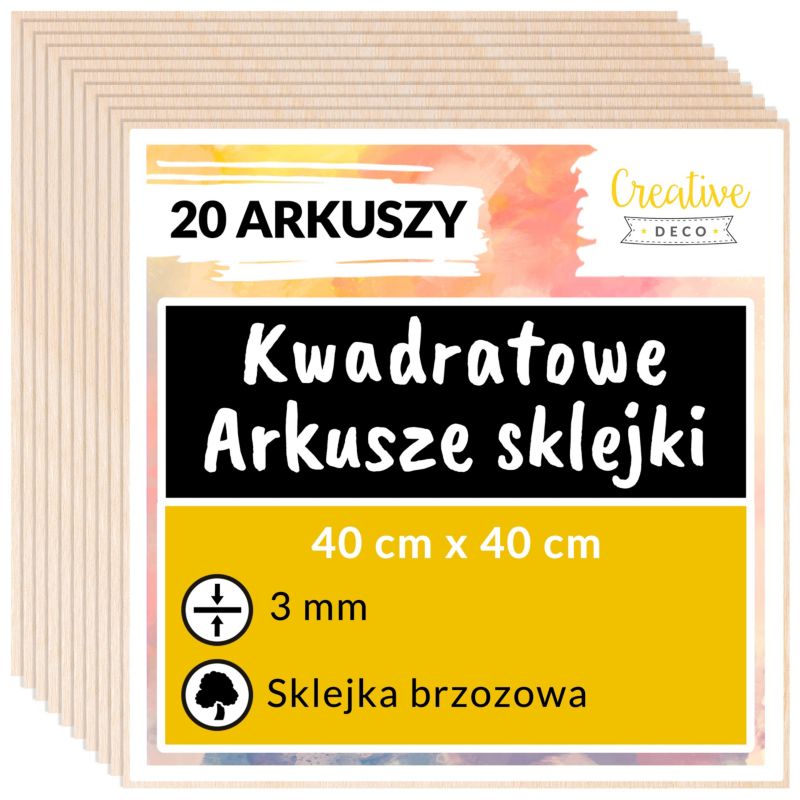 Sklejka Creative Deco Kwadratowe Płyty ze Sklejki 400 x 400 x 3 mm (+/-0,5 mm) Surowa Brzoza Wypalanie, Grawerowanie 20 szt.