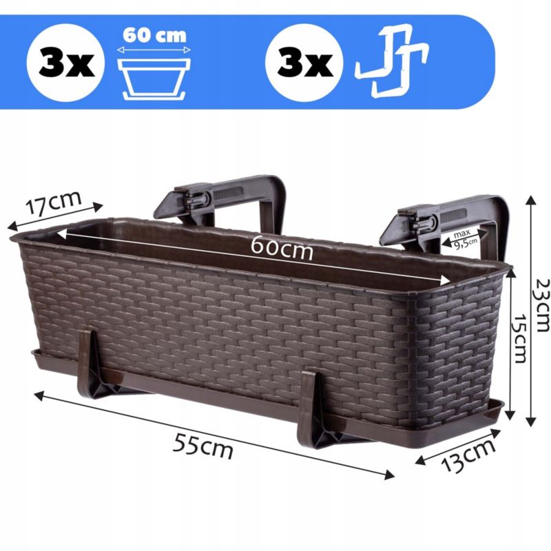 Skrzynka Balkonowa KADAX Doniczka Donica 60cm Brązowa Uchwyty Podstawka 3szt