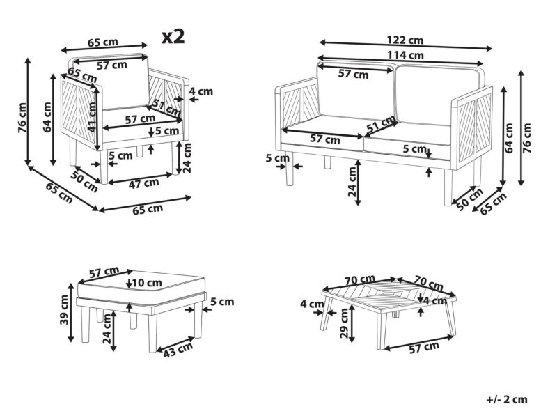Sofa 2-osobowa z fotelami Baratti Drewno akacjowe Jasne drewno 1 kpl