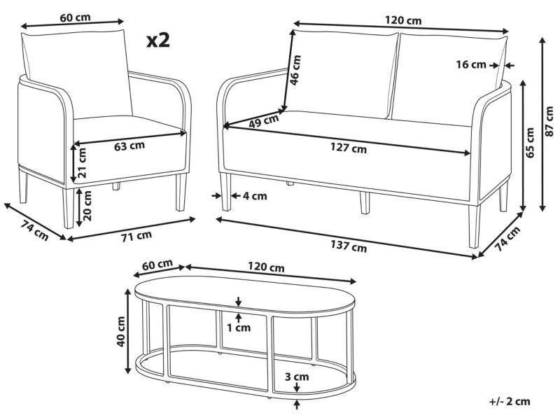 Sofa 2-osobowa z fotelami Montefalco Metal Biały 1 kpl
