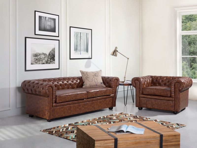 Sofa 3-osobowa ekoskóra brązowa Chesterfield 1 szt.