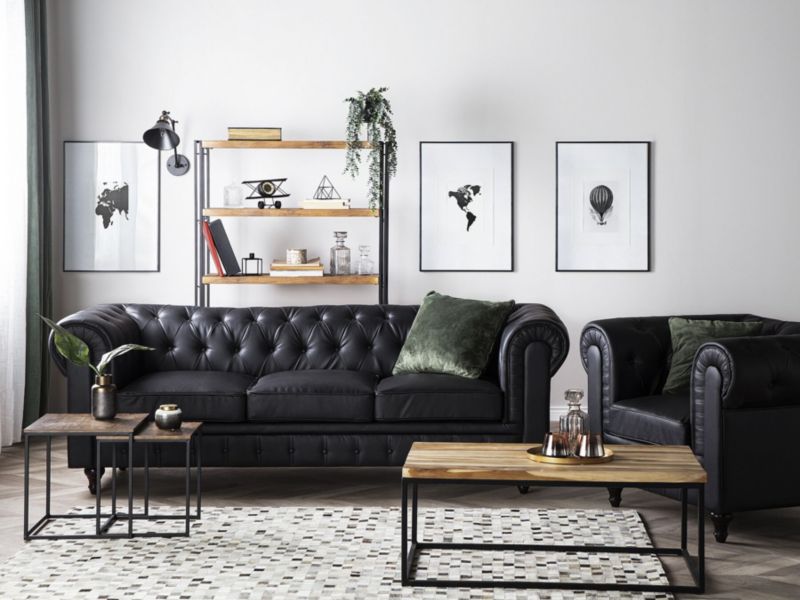 Sofa 3-osobowa ekoskóra duża czarna Chesterfield 1 szt.