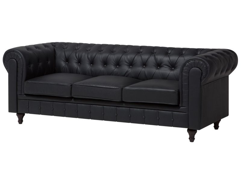 Sofa 3-osobowa ekoskóra duża czarna Chesterfield 1 szt.