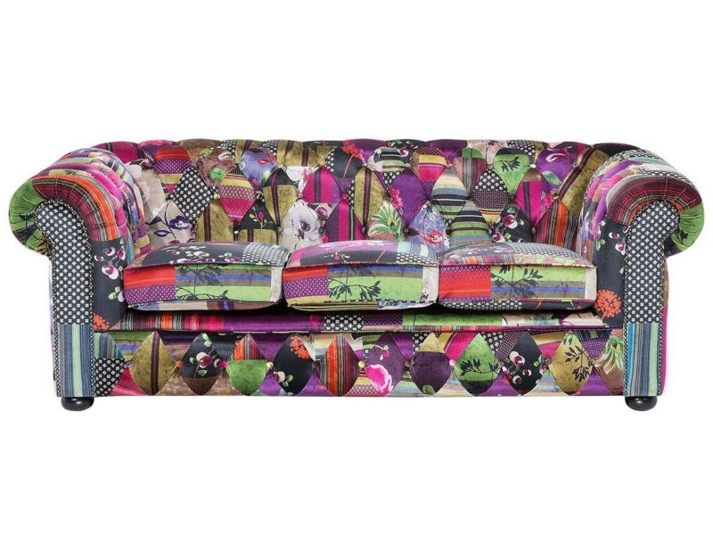 Sofa 3-osobowa patchworkowa fioletowa Chesterfield 1 szt.