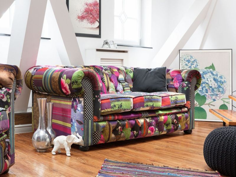 Sofa 3-osobowa patchworkowa fioletowa Chesterfield 1 szt.