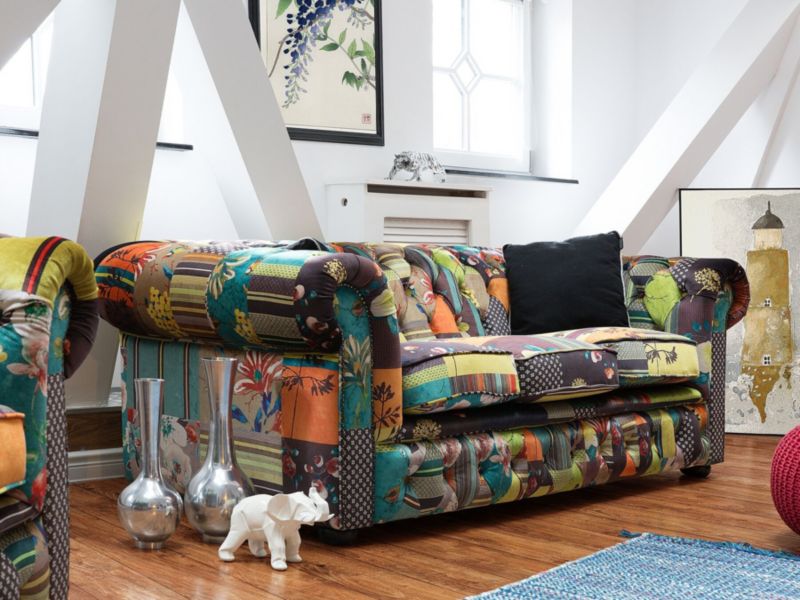 Sofa 3-osobowa patchworkowa zielono-żółta Chesterfield 1 szt.