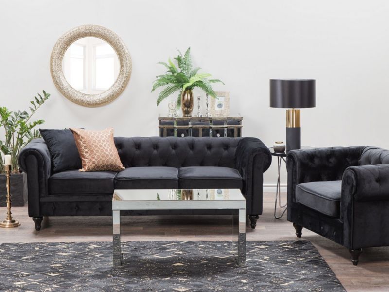 Sofa 3-osobowa welurowa czarna Chesterfield 1 szt.