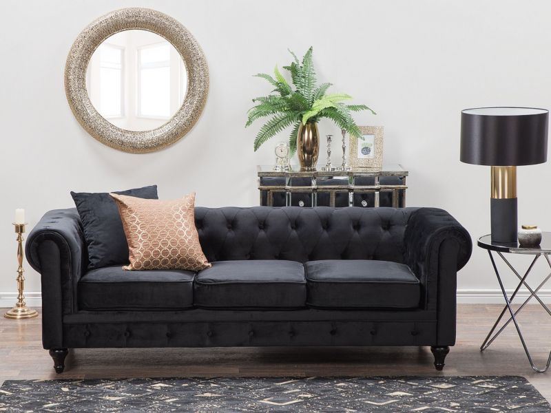 Sofa 3-osobowa welurowa czarna Chesterfield 1 szt.