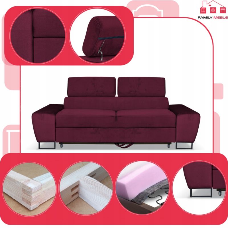 Sofa kanapa do salonu regulowany zagłówek Family Meble Bosso bordowy 1szt