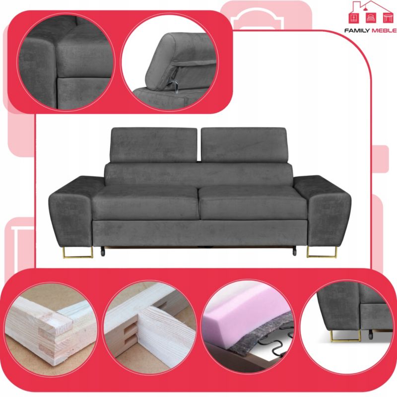 Sofa kanapa do salonu rozkładana regulowany zagłówek Family Meble Bosso szary 1szt