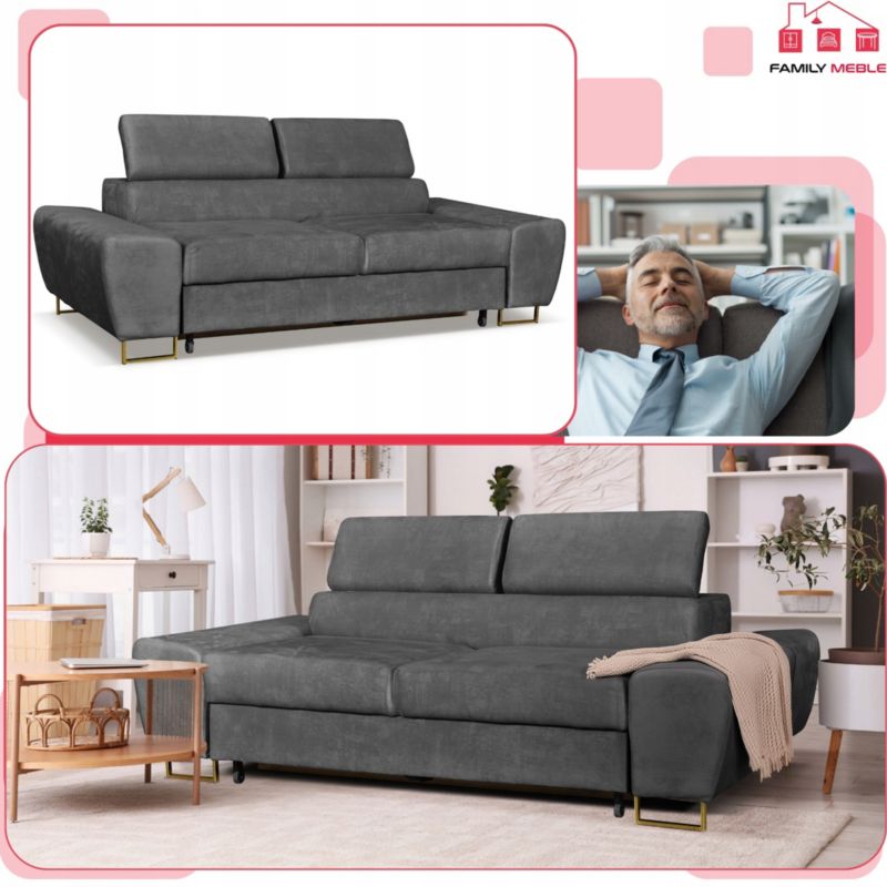 Sofa kanapa do salonu rozkładana regulowany zagłówek Family Meble Bosso szary 1szt