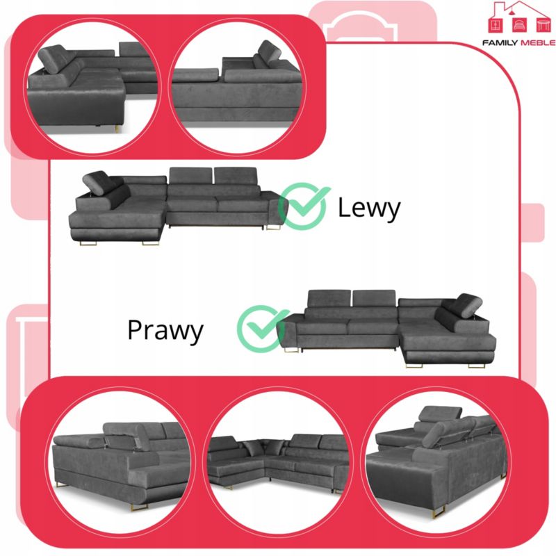 Sofa kanapa do salonu rozkładany lewy Family Meble Bosso szary 1szt
