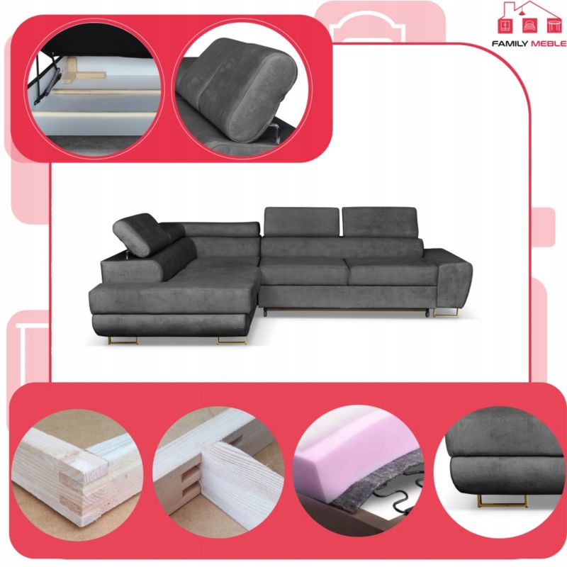 Sofa kanapa do salonu rozkładany lewy Family Meble Bosso szary 1szt
