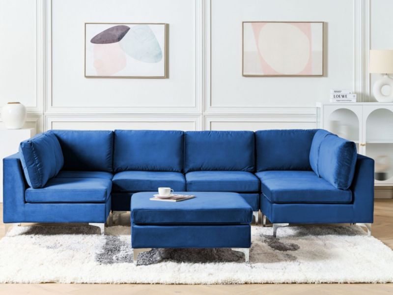 Sofa modułowa 6-osobowa z otomaną welurowa niebieska Evja kpl