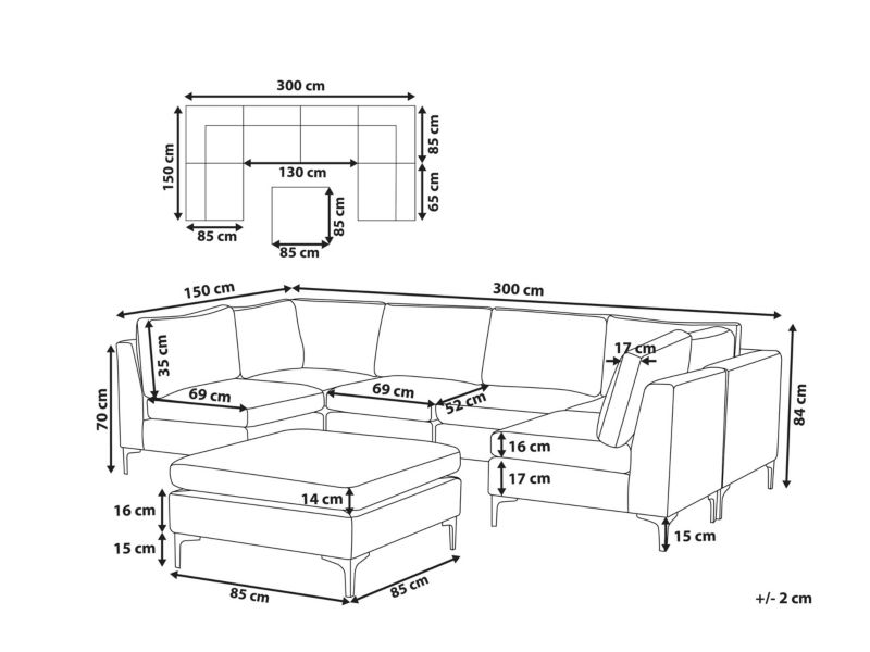 Sofa modułowa 6-osobowa z otomaną welurowa niebieska Evja kpl