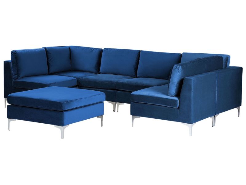 Sofa modułowa 6-osobowa z otomaną welurowa niebieska Evja kpl