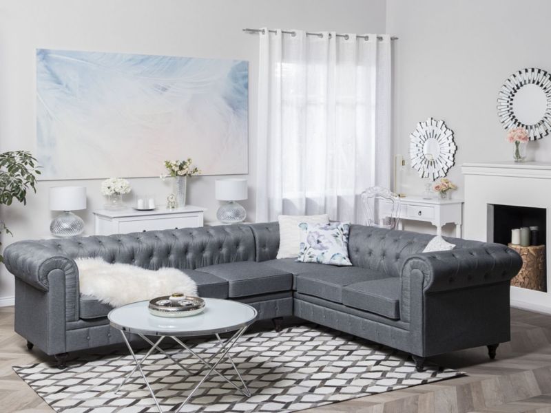 Sofa narożna lewostronna Chesterfield Szary Tkanina Lewostronny 1 szt.